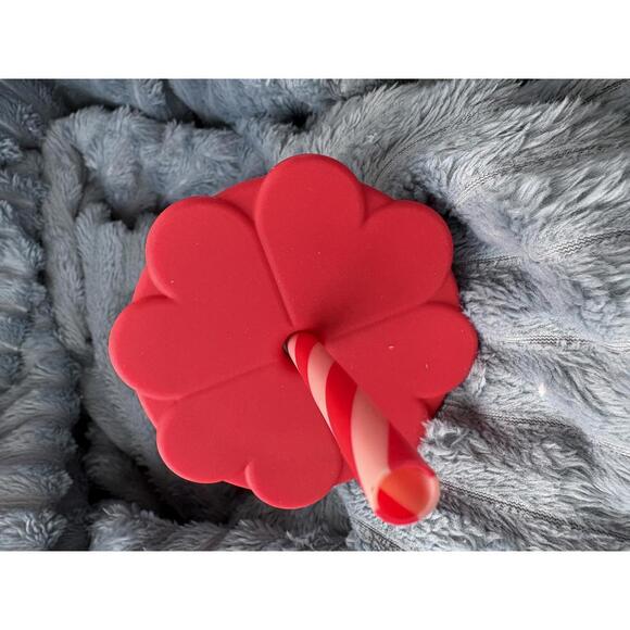 New Valentine’s heart Starbucks Clear Tumbler Glass Red Flower Lid Striped Straw - Picture 2 of 5